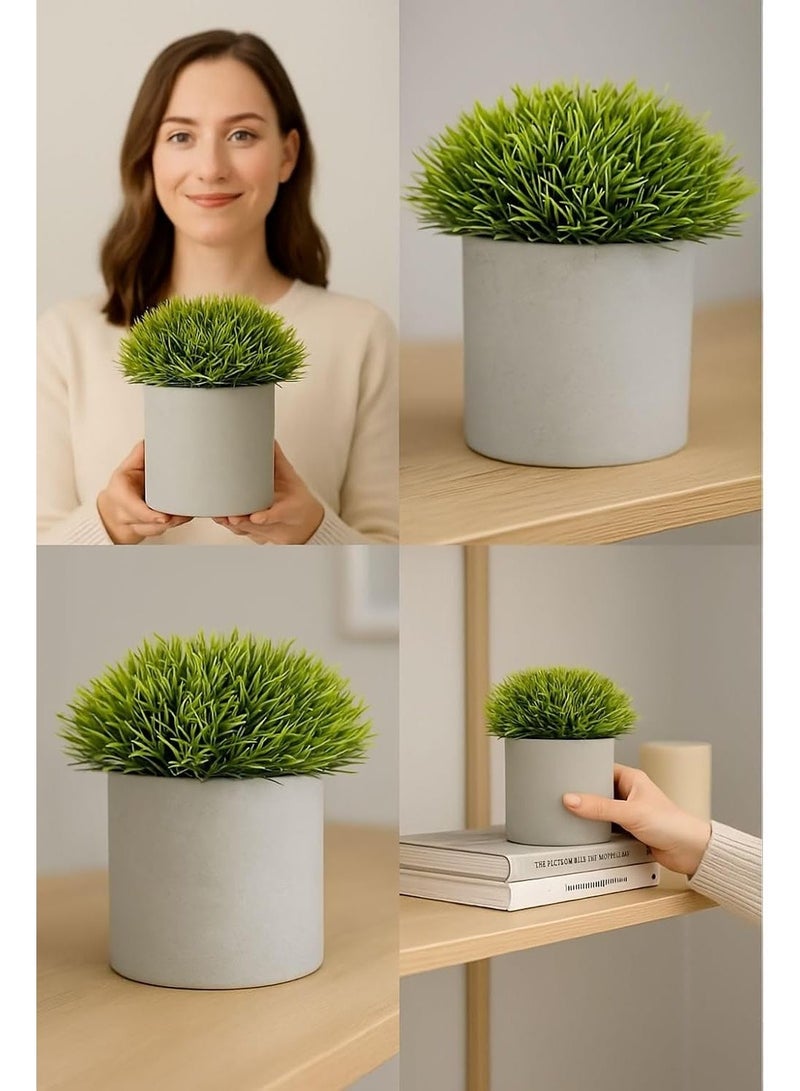 Artificial Mini Green Plant with Grey Clay Pot Small Fake Decorative Item for Home Office Bathroom Kitchen Table (Pack of 2) - Image 5